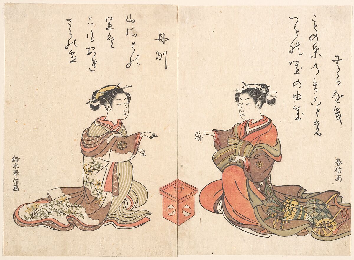 Two Girls Play the Finger Game of Kitsume Ken, Suzuki Harunobu (Japanese, 1725–1770), Diptych of woodblock prints; ink and color on paper, Japan 