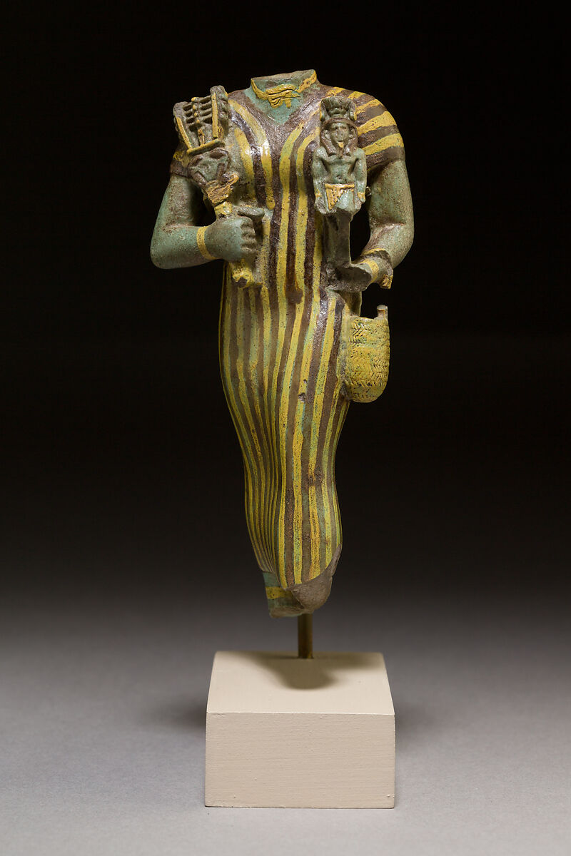 Bastet with Nefertum figure, sistrum, and basket, Faience 