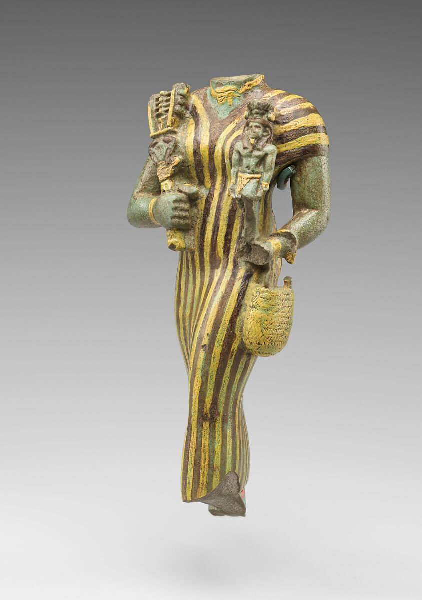 Statuette of Bastet holding a figure of Nefertum, Faience