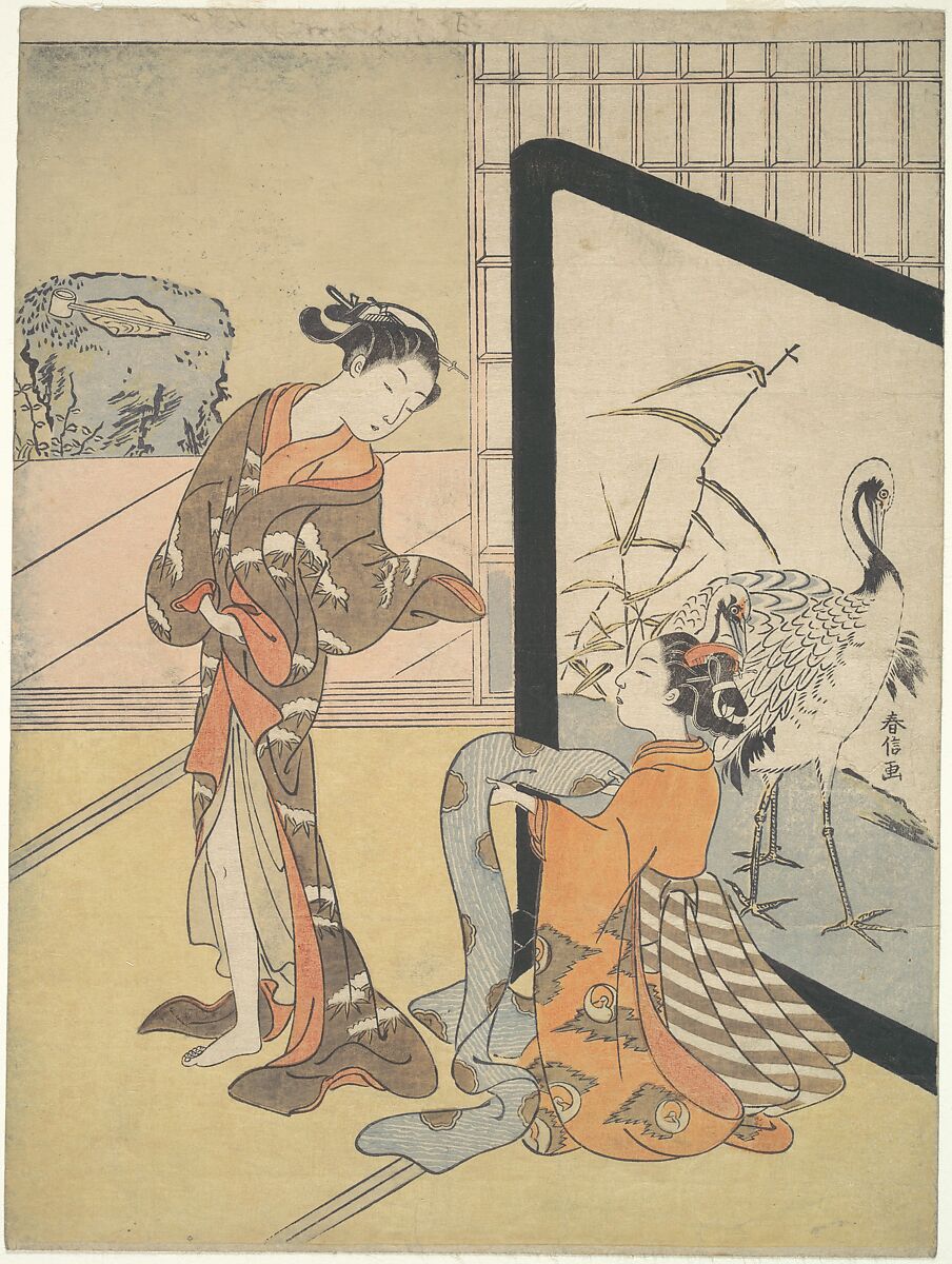 Courtesan and Shinzō, Suzuki Harunobu (Japanese, 1725–1770), Woodblock print; ink and color on paper, Japan 
