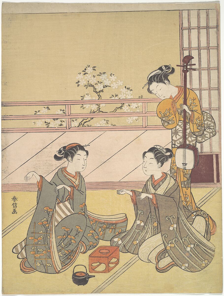 Young Women Playing Kitsune-ken (Fox Game), Suzuki Harunobu (Japanese, 1725–1770), Woodblock print; ink and color on paper, Japan 