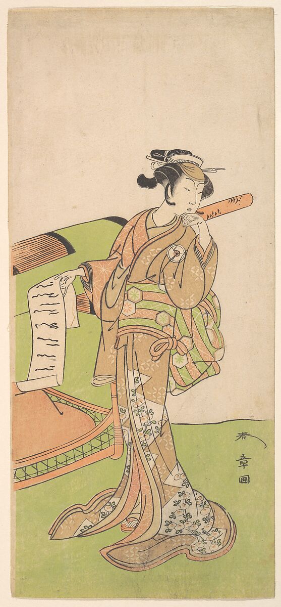 The Actor Iwai Hanshiro IV in Female Role, Standing Beside a Litter, Katsukawa Shunshō　勝川春章 (Japanese, 1726–1792), Woodblock print (nishiki-e); ink and color on paper, Japan 