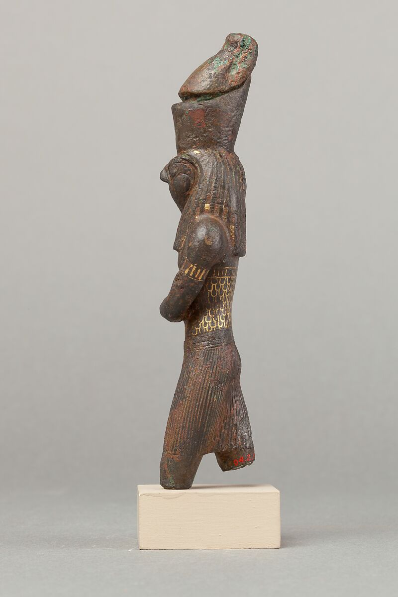 Horus slaying an antelope, spear and antelope (?) missing, Cupreous metal, precious metal inlay