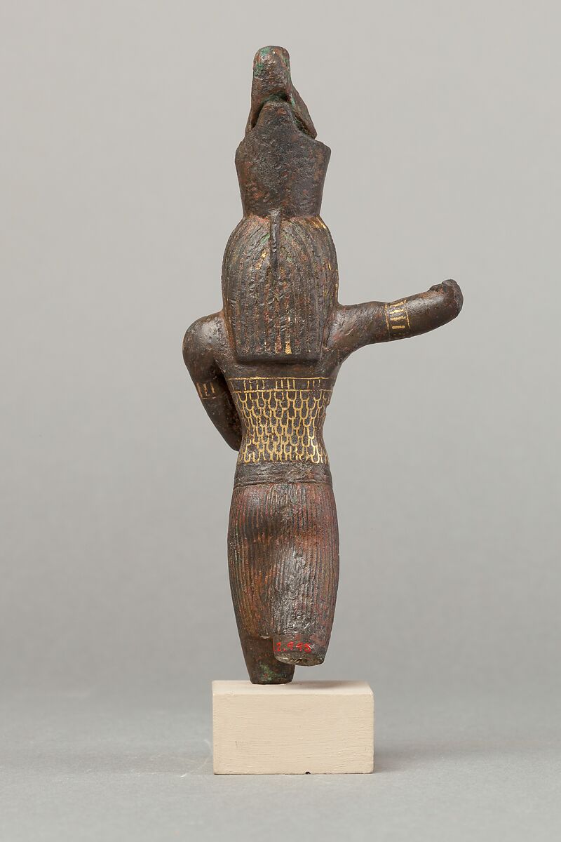 Horus slaying an antelope, spear and antelope (?) missing, Cupreous metal, precious metal inlay