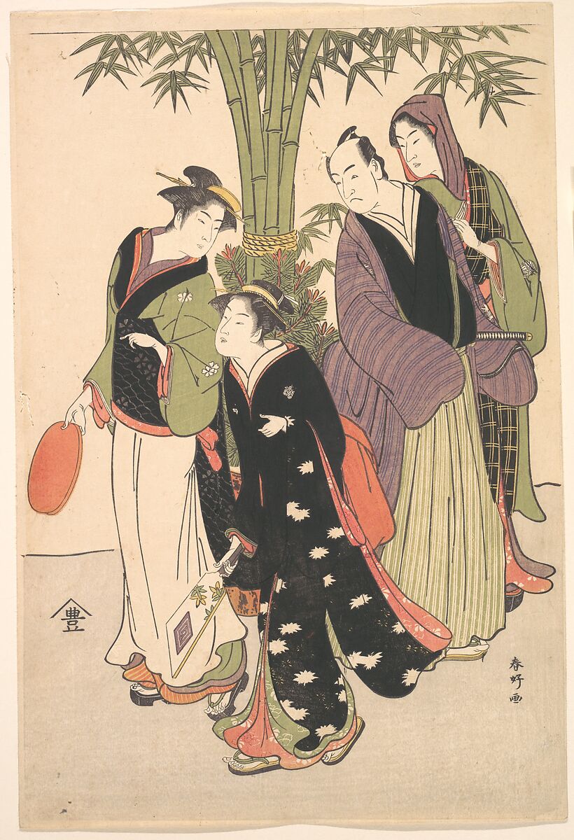 Kabuki Actors Segawa Kikunojō III and Ichikawa Monnosuke II and Two Courtesans Celebrating the New Year, Katsukawa Shunkō (Japanese, 1743–1812), Woodblock print; ink and color on paper, Japan 