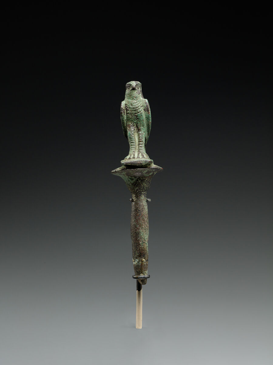 Horus falcon on papyrus stem, Cupreous metal 