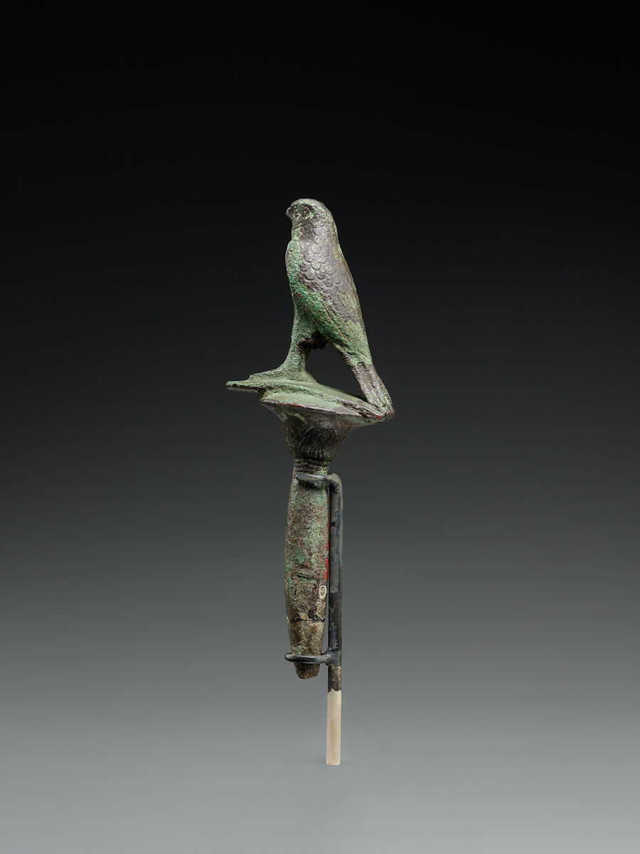 Horus falcon on papyrus stem, Cupreous metal