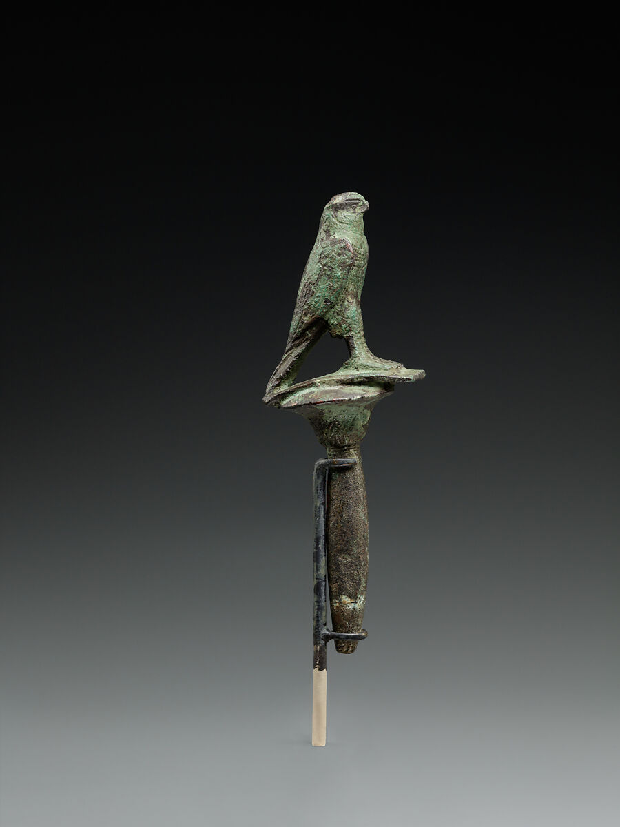 Horus falcon on papyrus stem, Cupreous metal