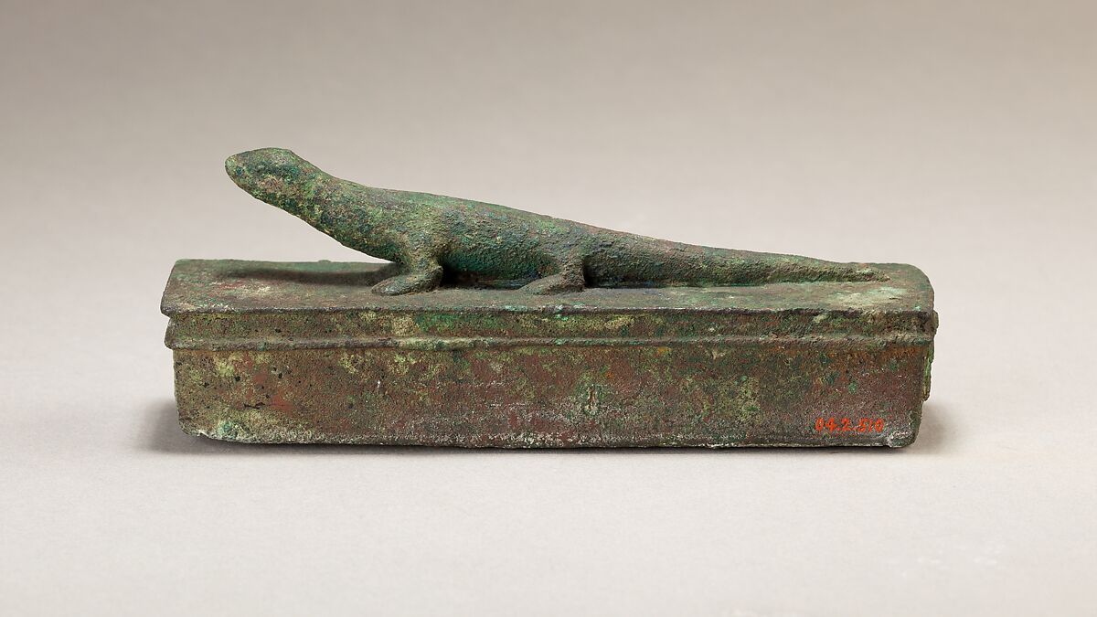 Shrine-shaped case for an animal mummy surmounted by a lizard, Cupreous metal
