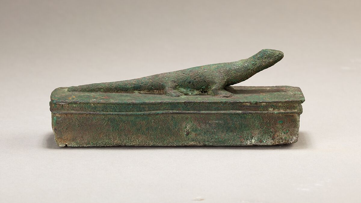 Shrine-shaped case for an animal mummy surmounted by a lizard, Cupreous metal