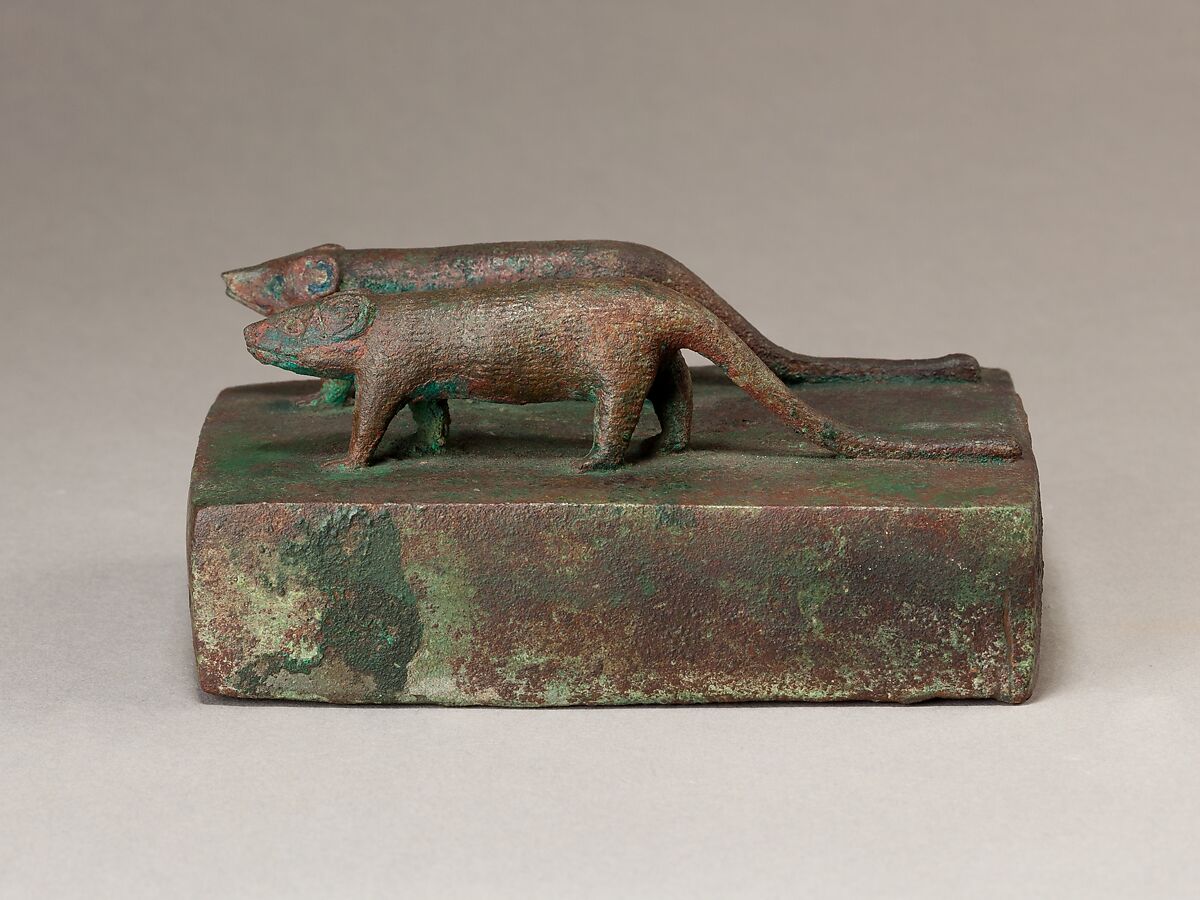 Two ichneumons surmounting a shrine-shaped box for an animal mummy, Cupreous metal