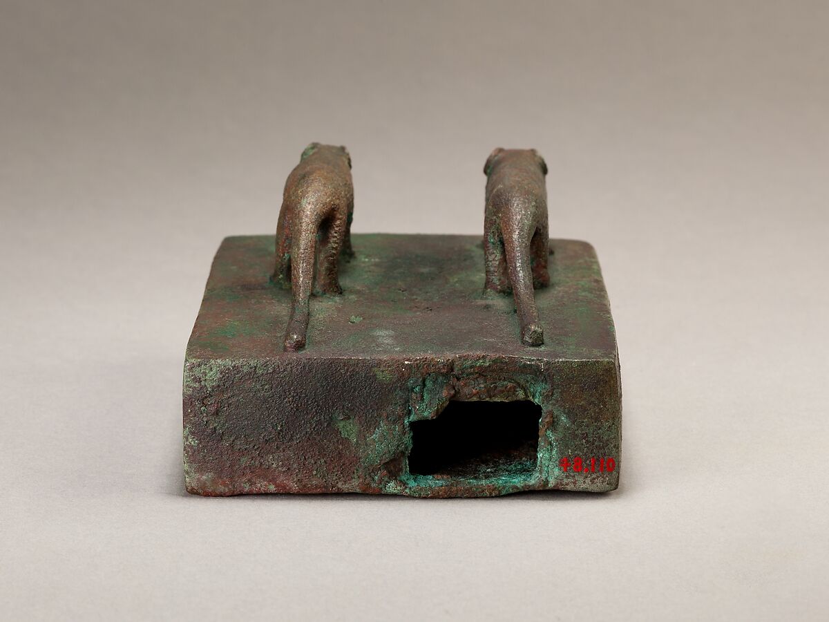 Two ichneumons surmounting a shrine-shaped box for an animal mummy, Cupreous metal