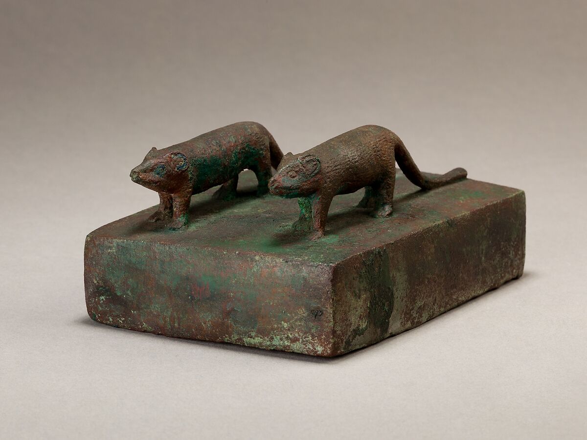 Two ichneumons surmounting a shrine-shaped box for an animal mummy, Cupreous metal 