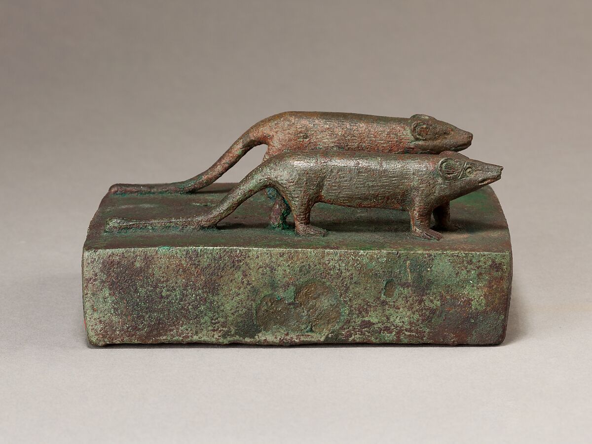 Two ichneumons surmounting a shrine-shaped box for an animal mummy, Cupreous metal