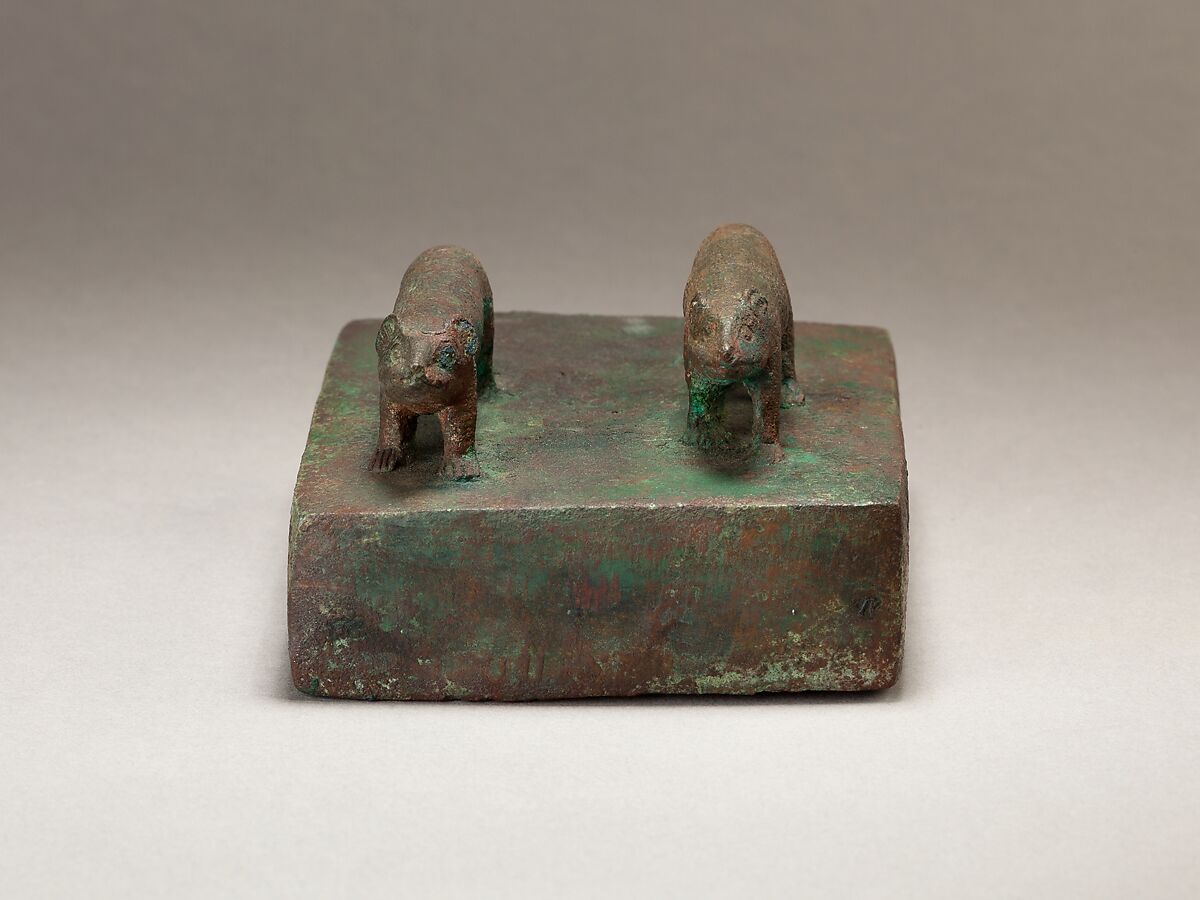 Two ichneumons surmounting a shrine-shaped box for an animal mummy, Cupreous metal