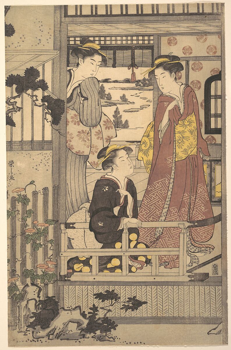 Three Women on a Veranda, Chōbunsai Eishi (Japanese, 1756–1829), Woodblock print; ink and color on paper, Japan 