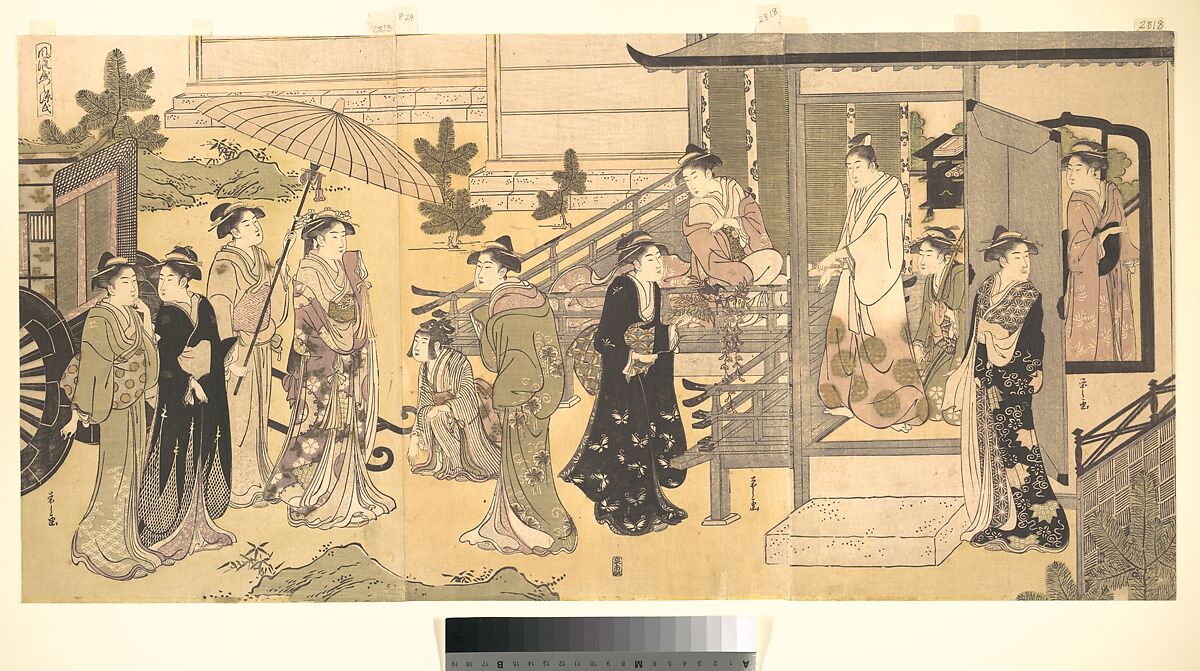 A Disguised Scene from The Tale of Genji (Fūryū Yatsushi Genji), Chapter 33, “Wisteria Leaves (Fuji no uraba)”, Chōbunsai Eishi (Japanese, 1756–1829), Triptych of woodblock prints; ink and color on paper, Japan 