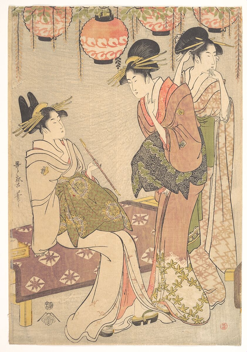 Three Courtesans, Kitagawa Utamaro (Japanese, ca. 1754–1806), Woodblock print; ink and color on paper, Japan 