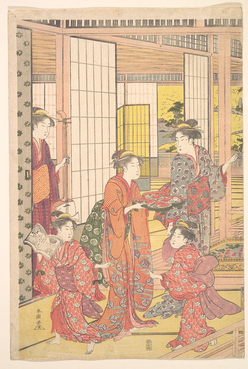 A Young Woman with a Tray of Sweetmeats, Katsukawa Shunchō (Japanese, active ca. 1783–95), Woodblock print; ink and color on paper, Japan 