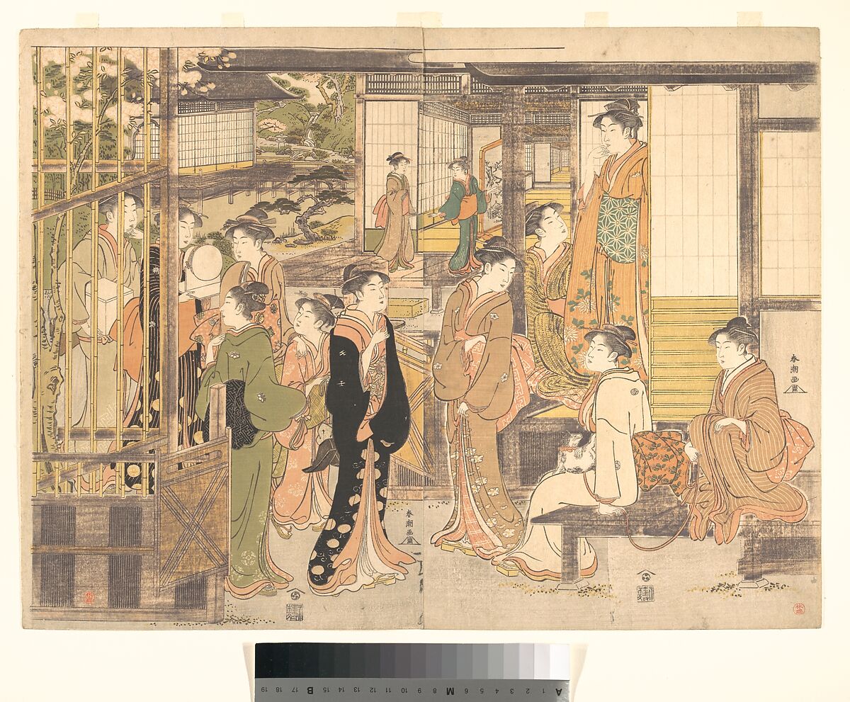 Parody of the Episode of the Third Princess (Modoki Onna San no Miya), Katsukawa Shunchō (Japanese, active ca. 1783–95), Diptych of woodblock prints; ink and color on paper, Japan 