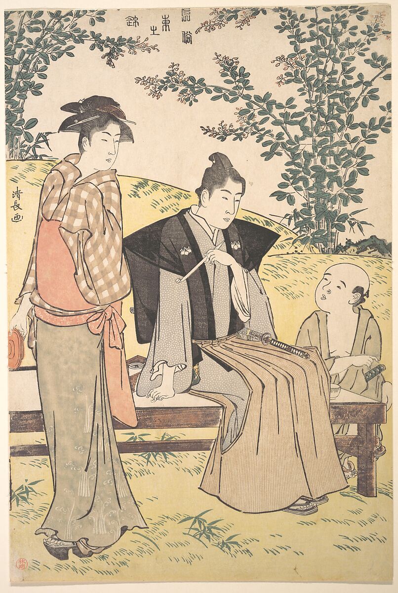 Viewing the Bush Clover at Hagidera, Torii Kiyonaga (Japanese, 1752–1815), Woodblock print; ink and color on paper, Japan 