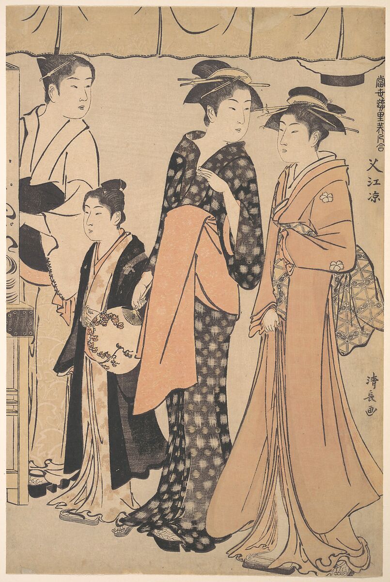 Cooling Off at Nakazu, Torii Kiyonaga (Japanese, 1752–1815), Left-hand sheet of a diptych of woodblock prints; ink and color on paper, Japan 