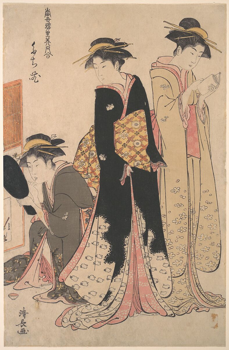 Three Geishas of Tachibana Street in Their Room, Torii Kiyonaga (Japanese, 1752–1815), Woodblock print; ink and color on paper, Japan 