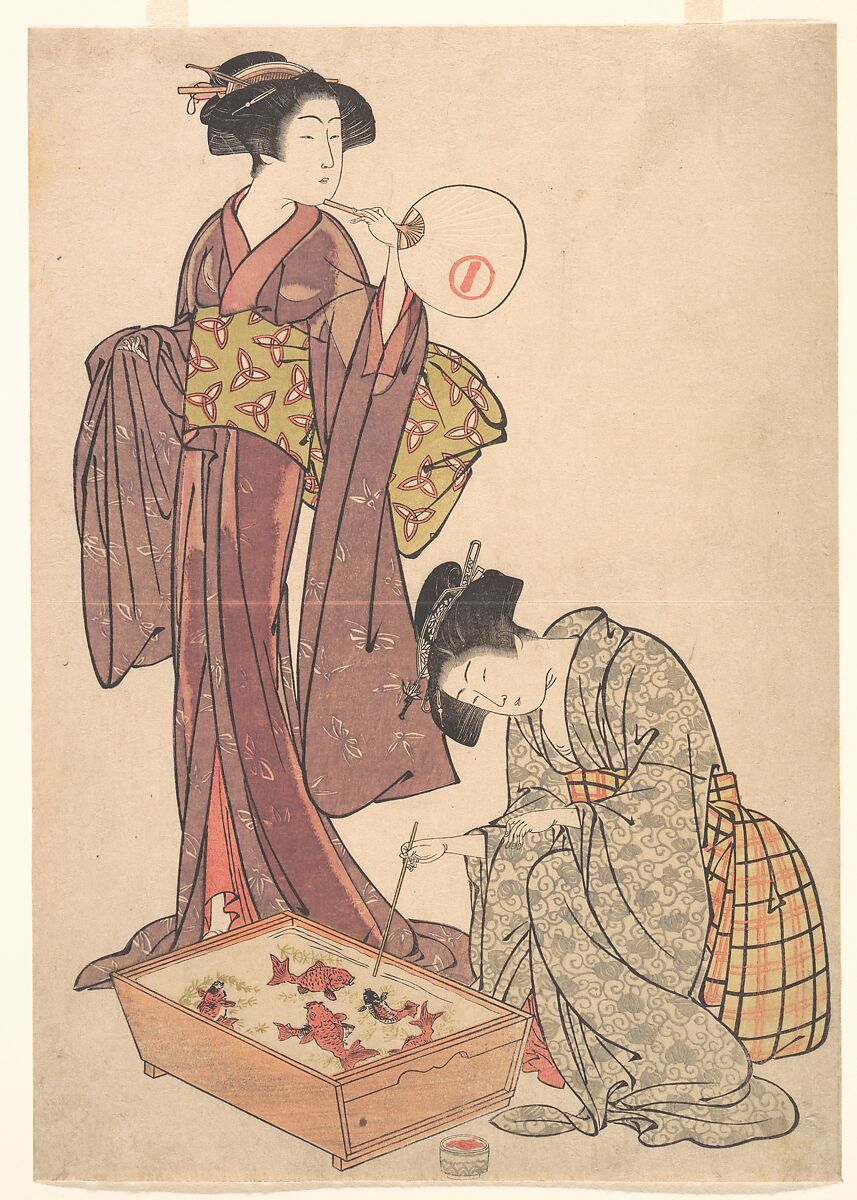 Two Women Feeding Fish, Kitao Shigemasa (Japanese, 1739–1820), Woodblock print; ink and color on paper, Japan 