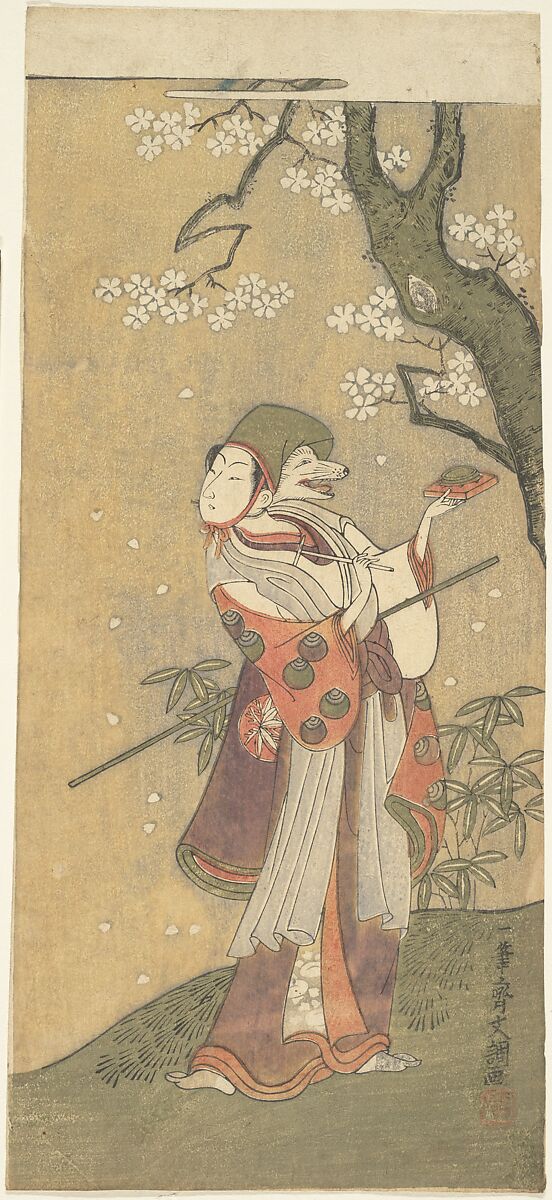 An Actor in the Fox Dance from the Drama, "The Thousand Cherry Trees", Ippitsusai Bunchō (Japanese, active ca. 1765–1792), Woodblock print; ink and color on paper, Japan 