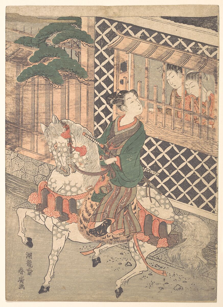 A Young Warrior on Horseback Looking at Two Girls, Haruhiro (Japanese, active ca. 1765–1784), Woodblock print; ink and color on paper, Japan 