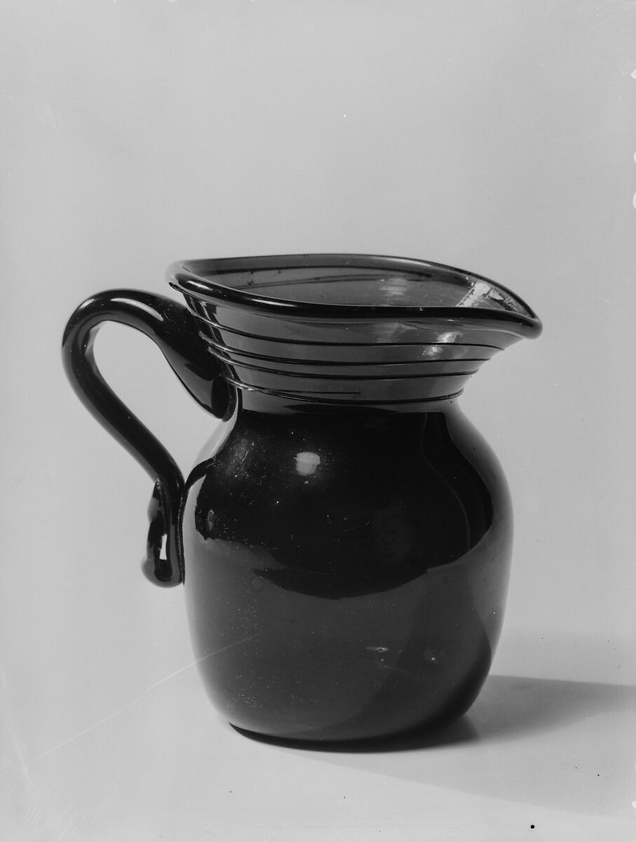 Pitcher, Blown green glass with applied decoration, American 