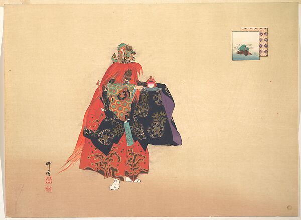 Illustration of Noh Dance Scene, Tsukioka Kōgyo (Japanese, 1869–1927), Woodblock print; ink and color on paper, Japan 