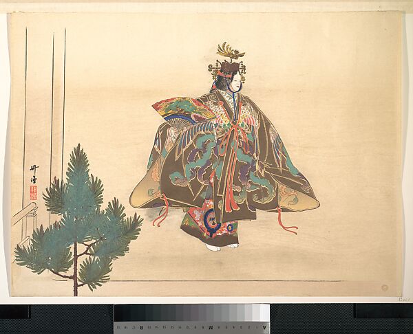 Illustration of Noh Dance Scene, Tsukioka Kōgyo (Japanese, 1869–1927), Woodblock print; ink and color on paper, Japan 