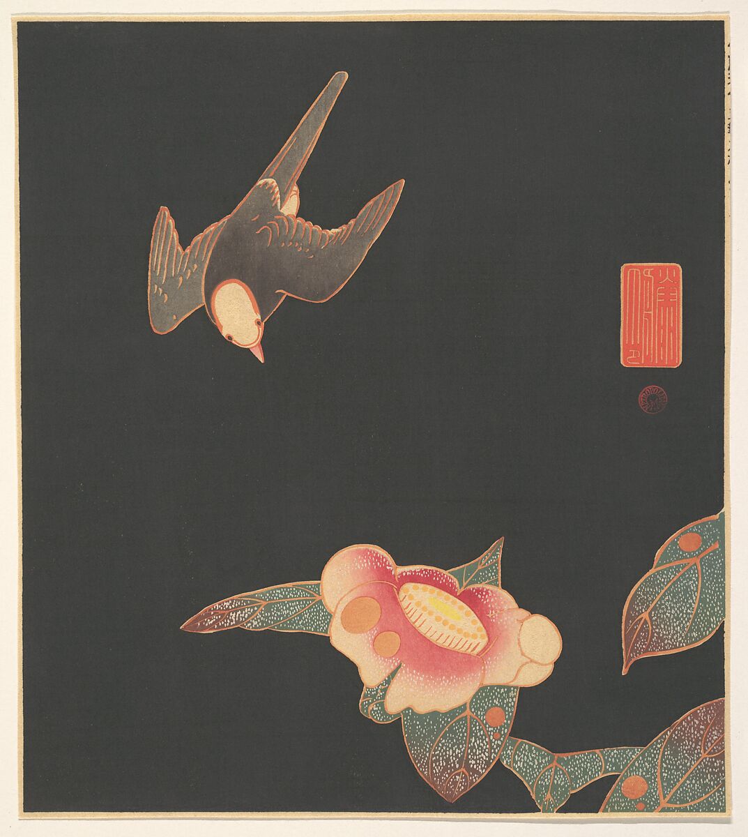 Swallow and Camellia, Itō Jakuchū (Japanese, 1716–1800), Woodblock print; ink and color on paper, Japan 