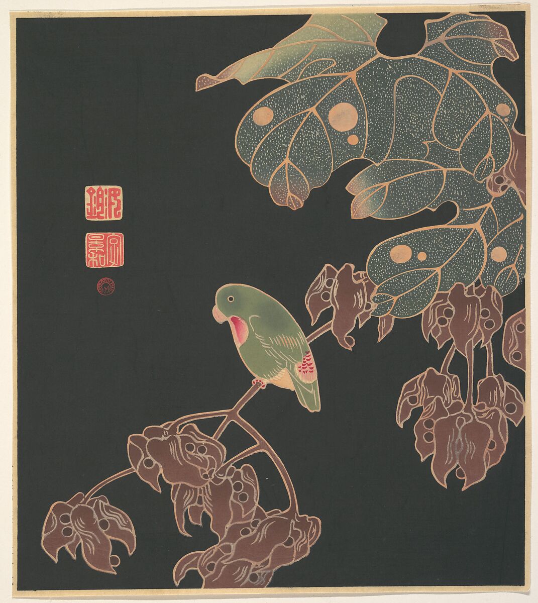 Woodblock print of a green parakeet perched on a branch, with leaves above and below it, against a dark background.