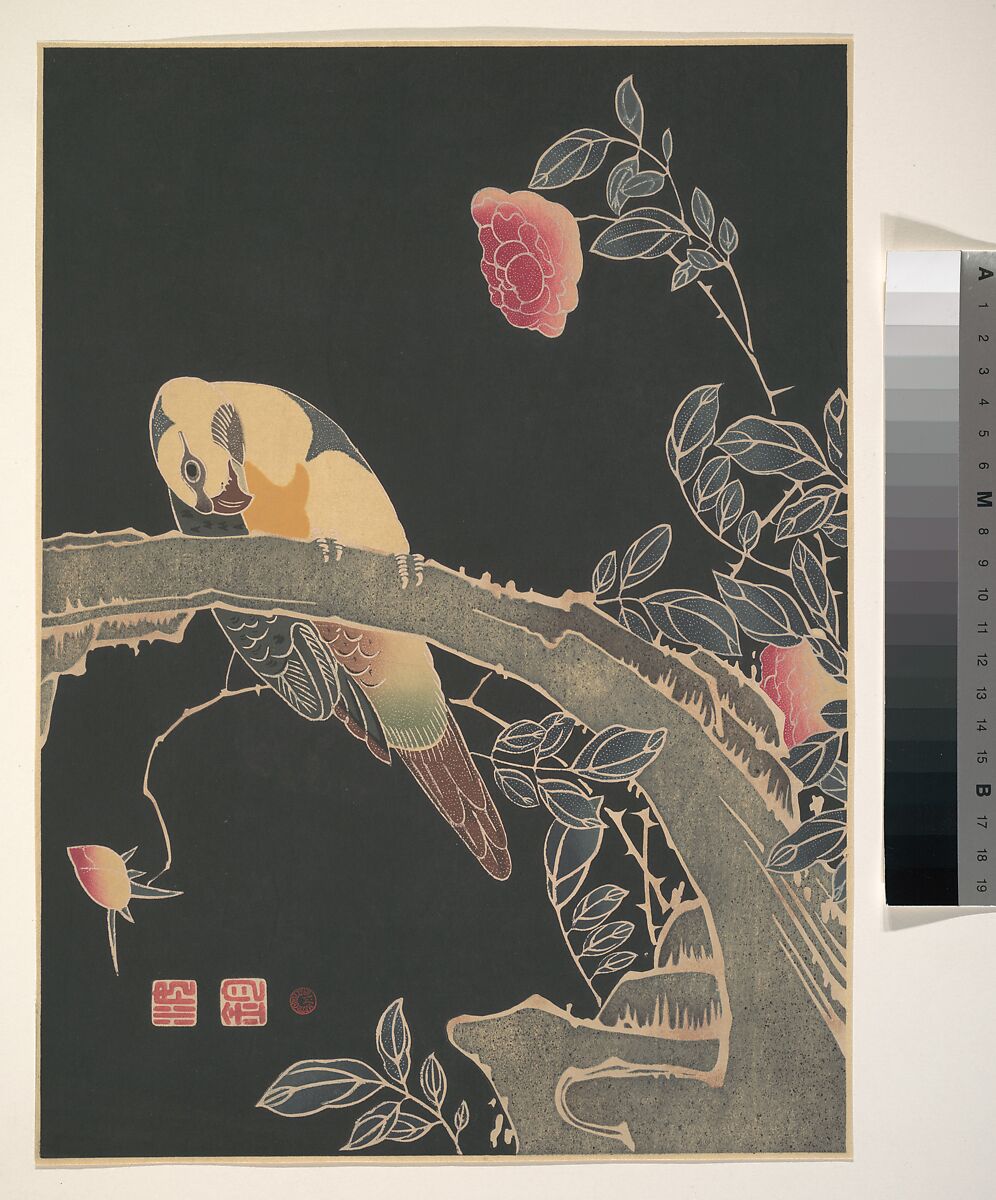Parrot on the Branch of a Flowering Rose Bush, Itō Jakuchū (Japanese, 1716–1800), Woodblock print; ink and color on paper, Japan 