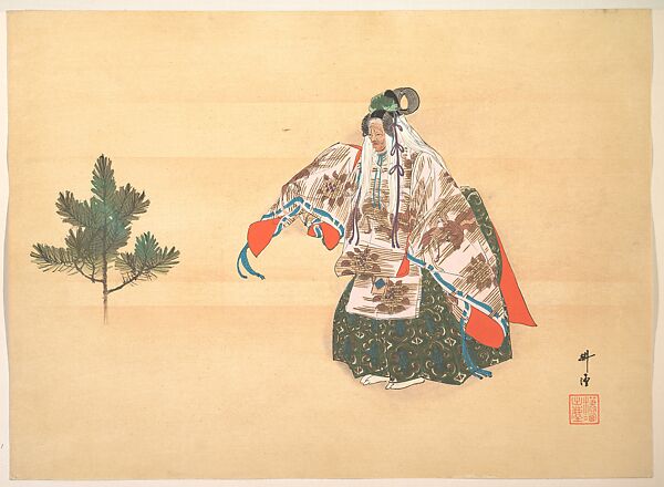 Illustration of Noh Dance Scene, Tsukioka Kōgyo (Japanese, 1869–1927), Woodblock print; ink and color on paper, Japan 