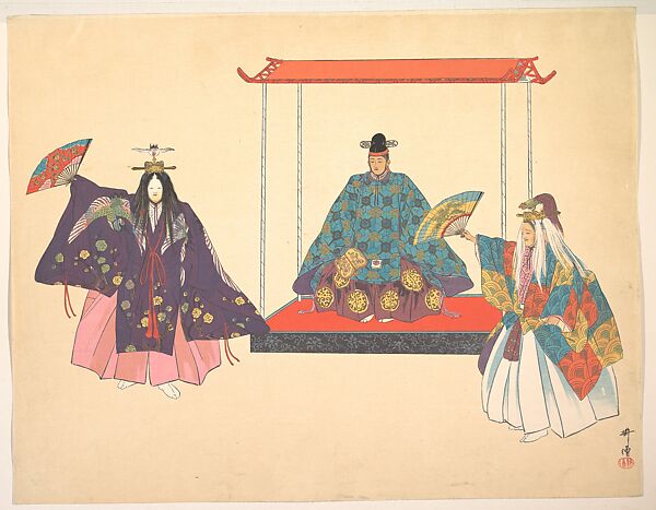 Illustration of Noh Dance Scene, Tsukioka Kōgyo (Japanese, 1869–1927), Woodblock print; ink and color on paper, Japan 