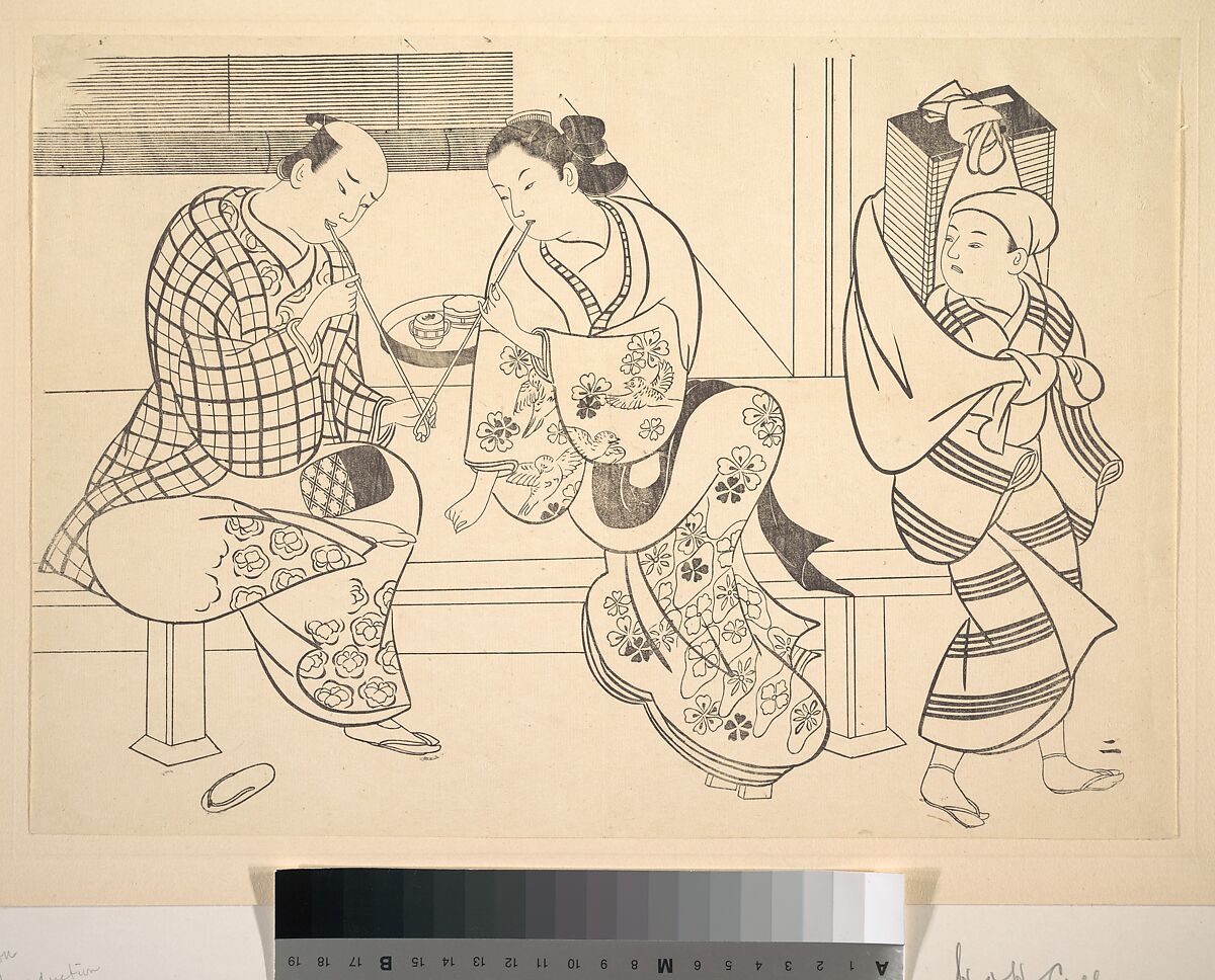 A Man Lighting His Pipe from that of A Young Woman who Sits Beside Him, After Okumura Masanobu (Japanese, 1686–1764), Monochrome woodblock print; ink on paper, Japan 