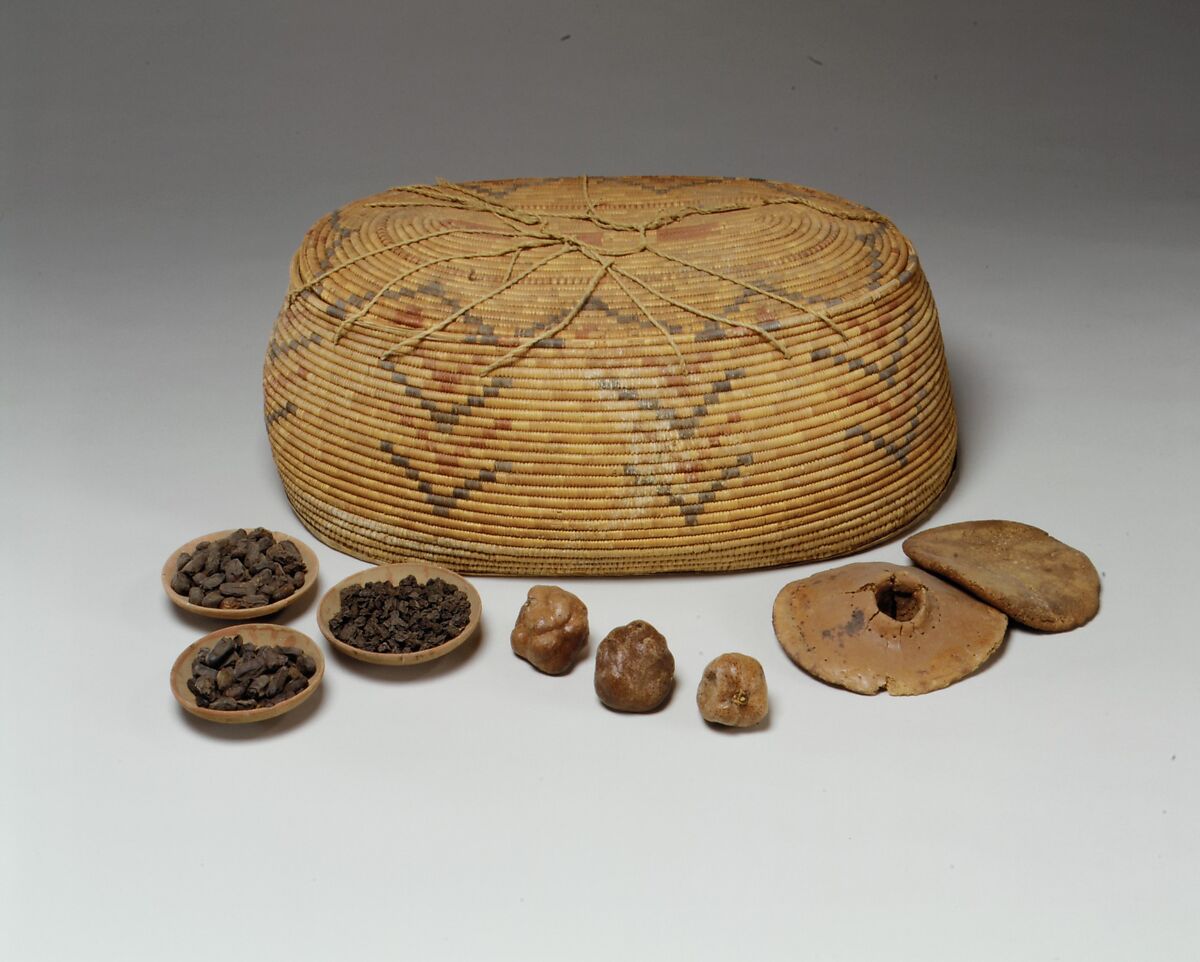 A photo of a basket with preserved loaves of bread and dates from ancient Egypt.