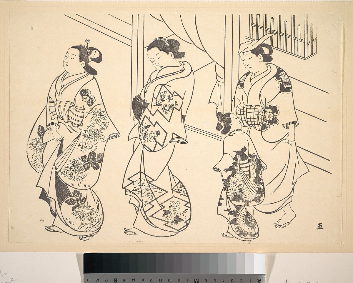 Three Courtesans and a Kamuro Strolling in the Street, After Okumura Masanobu (Japanese, 1686–1764), Monochrome woodblock print; ink on paper, Japan 