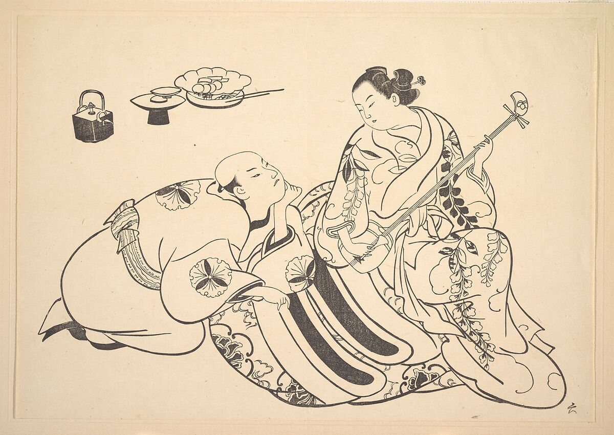 An Oiran Playing the Shamisen to a Young Man Kneeling by Her Side in Rapt Attention, After Okumura Masanobu (Japanese, 1686–1764), Monochrome woodblock print; ink on paper, Japan 