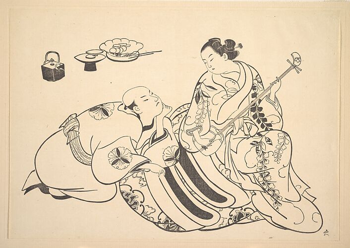 An Oiran Playing the Shamisen to a Young Man Kneeling by Her Side in Rapt Attention