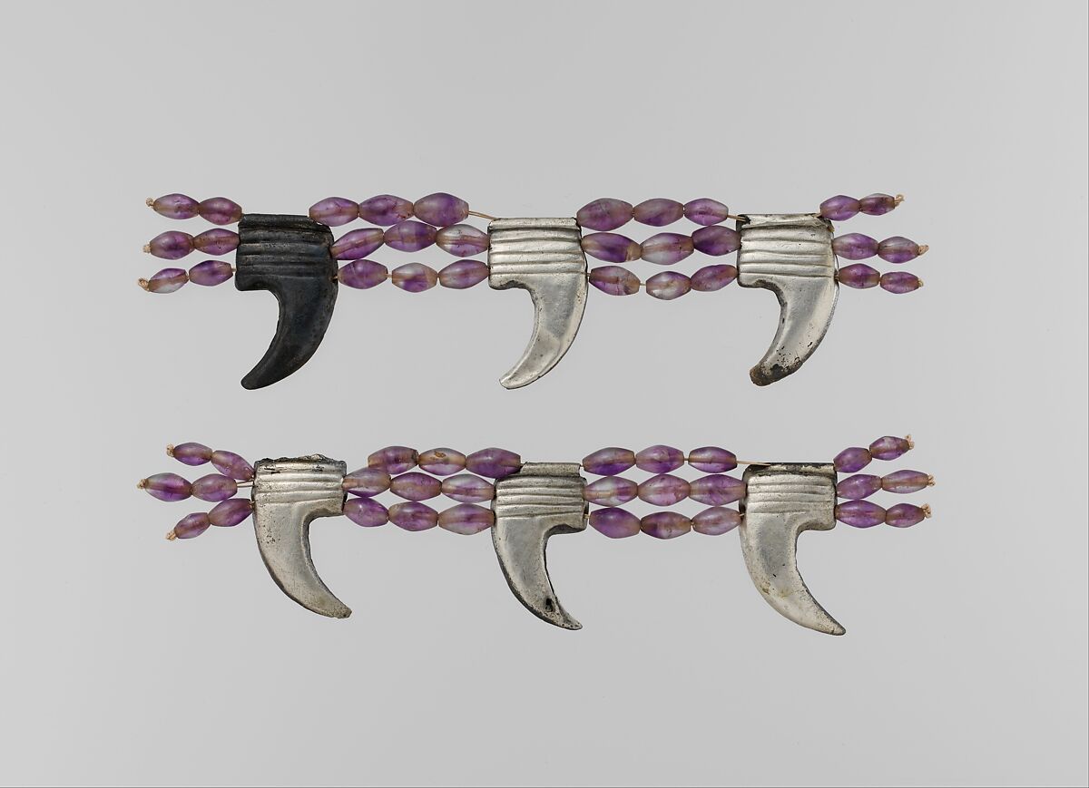 Anklet, Reconstructed Using Claw Pendants and Barrel Beads, Silver over wood core, amethyst