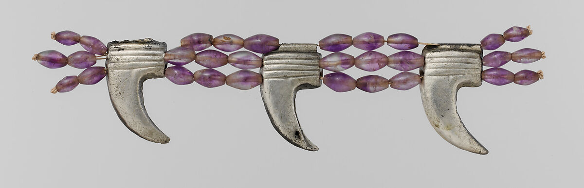 Anklet, Reconstructed Using Claw Pendants and Barrel Beads, Silver over wood core, amethyst 