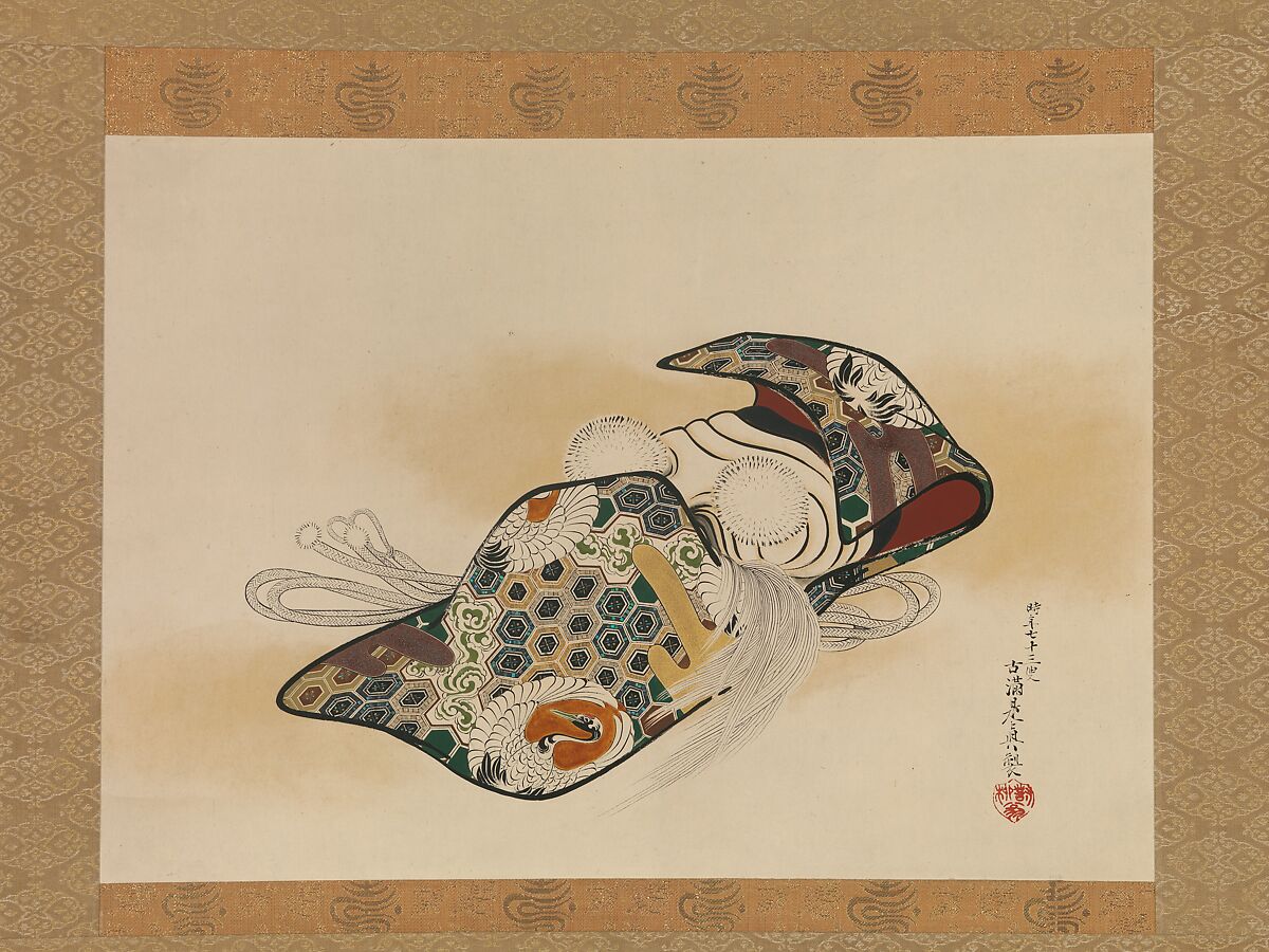 Mask for the Noh Play Okina, Shibata Zeshin (Japanese, 1807–1891), Hanging scroll; pigments, lacquer, mother-of-pearl, gold foil, and ink on paper , Japan 