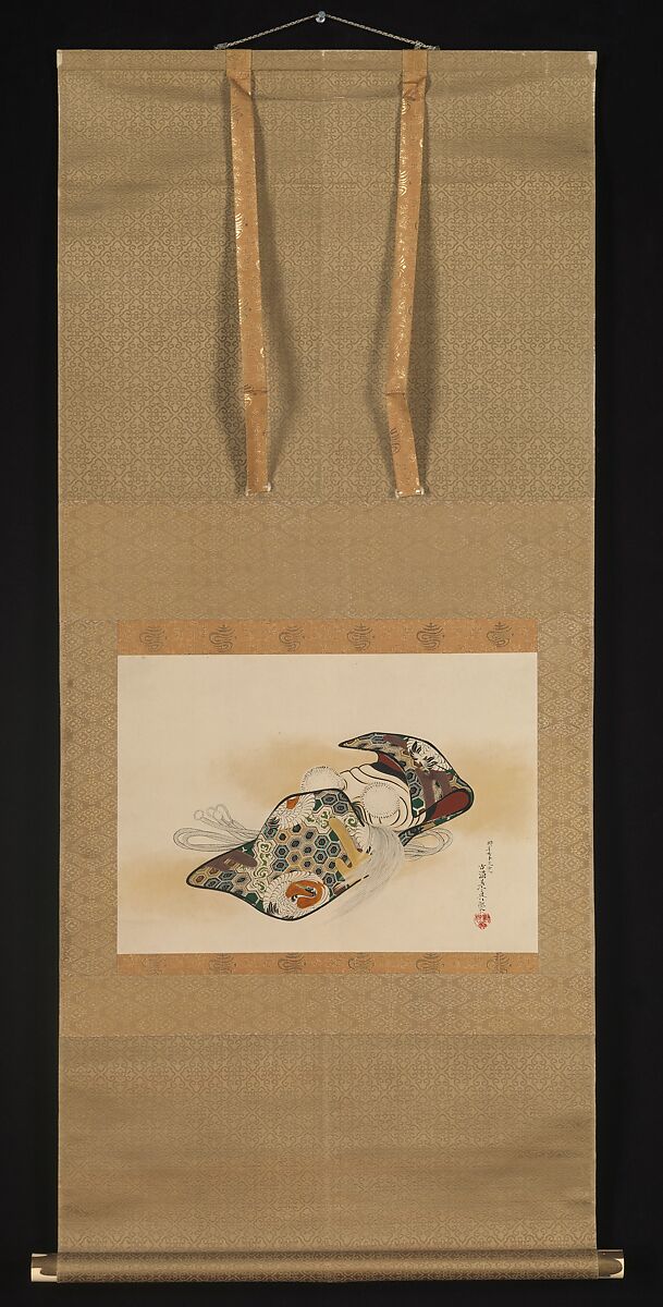 Mask for the Noh Play Okina, Shibata Zeshin (Japanese, 1807–1891), Hanging scroll; pigments, lacquer, mother-of-pearl, gold foil, and ink on paper , Japan