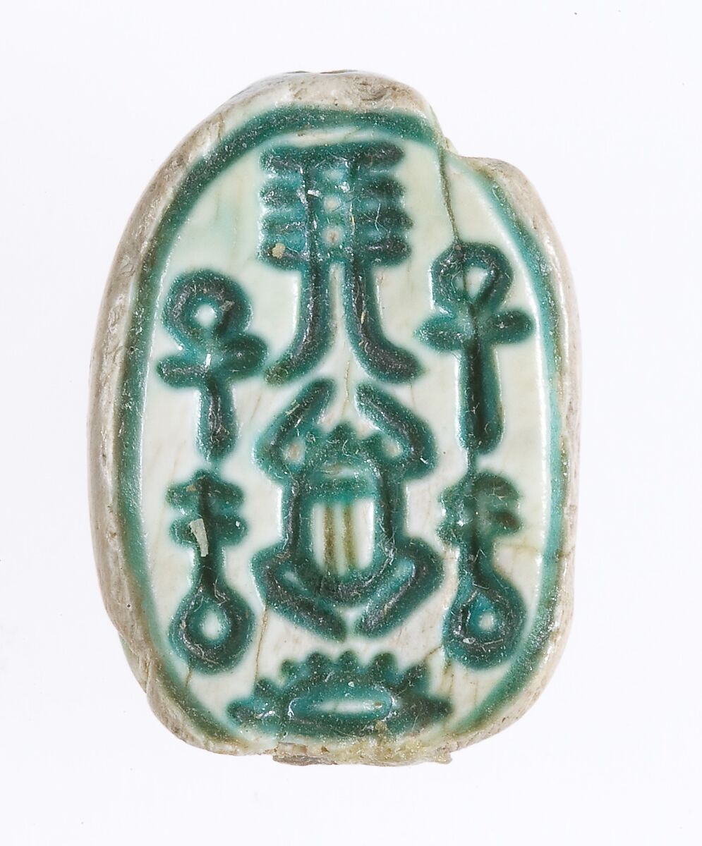 Scarab Inscribed With a Hathor emblem, Blue faience 