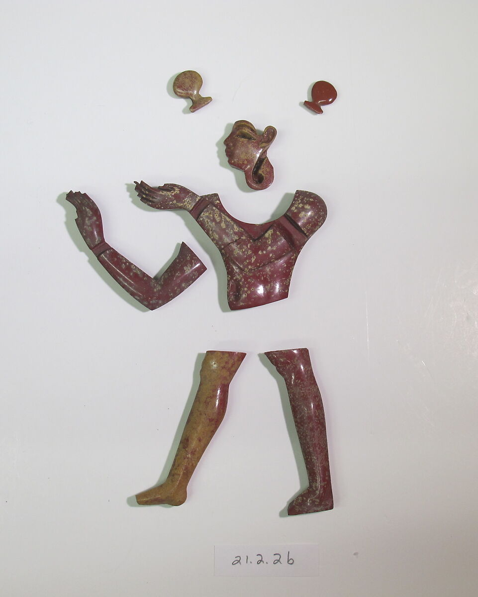 Inlays from shrine: Offering jar, torso, Glass 
