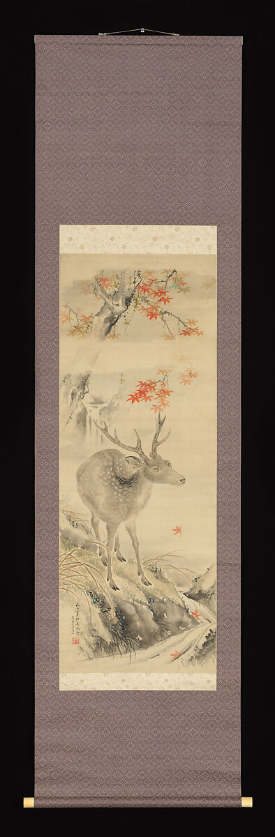 Deer by Mountain Stream, Taki Katei (Japanese, 1830–1901), Hanging scroll; ink and color on silk, Japan